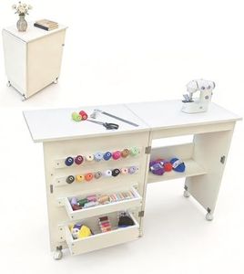 Garvee Folding Sewing Table, Sewing Machine Table with Compact Design, Multipurpose Craft Station & Side Desk with Lockable Wheels, Storage Shelves, Storage Trays, Pegs, Magnetic Locks