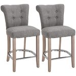 HOMCOM Counter Height Bar Stools Set of 2, Upholstered Bar Chairs with Button Tufted Back, Wood Legs, Footrest, Modern Nailhead Trim Barstools for Kitchen, Dining Room, Grey