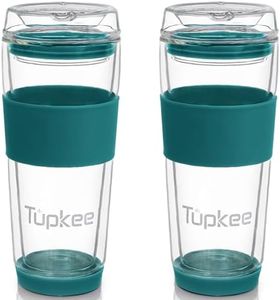 Tupkee Double Wall Glass Tumbler - 14-Ounce, All Glass Reusable Insulated Tea/Coffee Mug & Lid, Hand Blown Glass Travel Mug - Cyan - 2 Pack