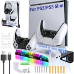 RGB Wall Mount with Charging Station for PS5 Slim/PS5 Game Console - Stable Metal Stand with Controller Charger(15 RGB Lights) and Headset Holder & 3 USB Hubs for PlayStation 5 Slim Disc & Digital