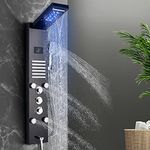 NeierThodore Stainless Steel Rainfall LED Shower Panel Tower Wall Mounted Bathroom Shower System with Temperature Display Bath Massage Jets 3 Sets Handheld Shower,Shower Column Black