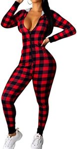 Ekouaer Christmas Onesie Women Sexy Pajamas Zipper Halloween One Piece Bodycon Outfit Jumpsuit Costume Plaid Print M