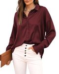 Jhsnjnr Womens Blouse Long Sleeve Summer Tops Business Office Wear Satin Silk Button Up Shirts Wine Red