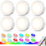 swesara LED Puck Lights with Remote, Wireless Led Push Lights Battery Operated, RGB Color Changing Dimmable Timing Function Under Cabinet Lighting for Closet, Kitchen, Bedroom, Bookshelf 6 Pack