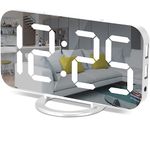 Digital Alarm Clock,7" LED Mirror Electronic Clocks,with 2 USB Charging Ports,Snooze Mode,Auto Adjust Brightness,Modern Desk Wall Clocks for Bedrooms Living Room Office - White