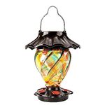 LUJII Solar Powered Color Changing Hummingbird Feeder for Outdoors Hanging, Hand Blown Glass, Leakproof, Illuminated Lantern for Garden Decor, Gift for Bird Lover, 5 Metal Perches, Ribbon