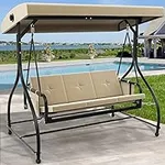 YITAHOME Outdoor Patio Swing Chair, 3 Person Porch Swing with Adjustable Canopy, Removable Cushion,Suitable for Garden, Poolside, Balcony,(Beige)