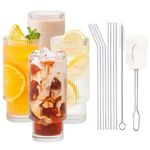 HEFBCOMK Ribbed Glassware 4pcs Set, Ribbed Drinking Glasses 16 oz with Straws, Vintage Fluted Glassware, Origami Style Iced Coffee Cups for Whiskey, Cocktail, Beer, Wine Gifts