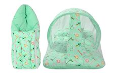 Adore Stuff Baby Bedding Set with Mosquito Net and 1 Baby Sleeping Bag Combo Gift for New Born Baby (Giraffe Print) Green