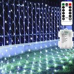 1.5m x 1.5m Garden Net Lights String Cool White, Battery 100 LED Fairy Lights Waterproof IP65, 8 modes Remote Timer Dimmable Patio Curtain Lights for Bush Deck Fence Wall Party Wedding Christmas Decor