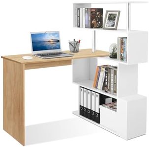 Mondeer Bureau Informatique, Bureau d‘Ordinateur avec Étagère Rangement à Quatre Niveaux, Table de Travail PC Table pour Bureau et Salle d‘Etude, 157 x 45 x 130,5 cm, Chêne et Blanc