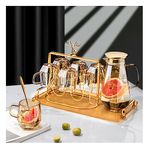 9-Pcs/Set Glass Pitcher with 6 Glasses Tumbler Cups 1 Dish Rack 1 Tray Lid Water Carafe Jug with Spout Handle for Hot/Cold Water Tea Beverage