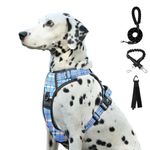 FURRYFECTION Plaid Dog Harness for Large Dogs | No Pull Reflective Pet Harness | No Choke Adjustable Dog Vest Harnesses | with Leash | Easy Control Handle | Front Lead | Seat Belt | Blue&White | L