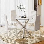 JE Dining Table and Chairs Set of 4, High Back PU Leather Chair with Glass Chrome Leg Table,White