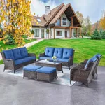Rilyson Wicker Patio Furniture Sofa Set - 7 Piece Rattan Outdoor Patio Sectional Conversation Sets with 2 Sofa,2 Armrest Chairs,1 Coffee Table and 2 Ottomans for Porch Deck Garden(Brown/Blue)