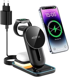 AGPTEK Caricatore Wireless 4 en 1, Ricarica Magnetica per iPhone 12/13/14/15, Ricarca Wireless per iPhone 8/X/11 e Android Qi, per Airpods/Galaxy Buds, per Apple watch, con 18W Adattatore e Luce LED