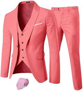 MYS Men's 3 Piece Slim Fit Suit Set, One Button Solid Jacket Vest Pants with Tie Pink