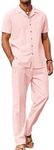 COOFANDY Men Linen Sets Outfits 2 Piece Summer Beach Shirts and Linen Pants Sets Light Pink Large