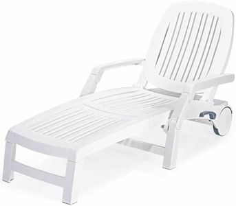 Costway Outdoor Chaise Lounge Chair, 5-Position Adjustable Recliner with Storage Box and Flexible Wheels, All-Weather Folding Patio Lounge Chair for Poolside, Beach and Backyard, White (1)