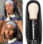 Leeven 24 Inch Black Headband Wig Silk Straight Long Wig Heat Resistant Hair Fiber Glueless Non Lace Front Headband Wigs for Woman Machine Made Scarf Wrap Wig with Head Band Black Straight Wig /1B