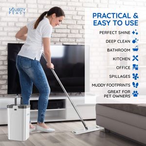 SqueezyPeasy Flat Mop and Bucket Set – 3-Chamber, 5 Microfibre Pads, 360° Rotating Head
