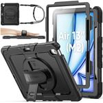 SEYMAC stock Case for iPad Air 13 inch (M2) 2024 / Air 6th Generation, Shockproof Protective Case with Pencil Holder Screen Protector, 360° Rotate Stand Case with Hand/Shoulder Strap Case, Black