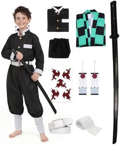UQJE Kids Kamado Tanjir Cosplay Costumes Anime Tanjir Cosplay Outfit Halloween Kimono Set with Retractable Sword