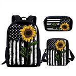 Jndtueit American Flag Sunflower Print School Backpack for Travel,Work,Messenger Shoulder Bag Pen Pencil Case Girls Kids (3 in 1)