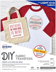 Avery Printable Stretchable Heat Transfer Paper for Light Fabrics, 8.5" x 11", Inkjet Printer, 5 Sheets (3302)