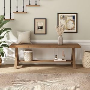 RowyPoey 54" Solid Wood Bench, Long Farmhouse Entryway Bench with Storage Shelf, Triangular Leg Design, Narrow Rustic Benches for Hallway, Bedroom, Dining, Kitchen, Easy Assembly