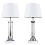 Pair of - Modern Clear Glass Column Design Touch Table Lamps with White Tapered Shades