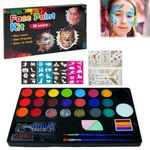 WISKA Face and Body Paint Kit for Kids: 20 Water Based, Non-Toxic Oil Palette, Ideal for Parties, Halloween Makeup - Includes 3 Glitters, 2 Hair Chalk Combs, 2 Paint Brushes, 32 Stencils