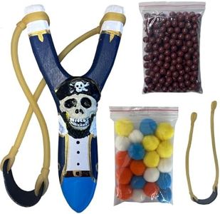 Wooden Slingshot for Kids – Handmade Pirate Skull Toy with Extra Bands, Clay Balls & Soft Pom Poms for Outdoor Fun