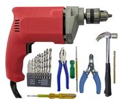 Inditrust 100% Copper Winding 6-Month Warranty 10mm Electric Drill machine with13pc HSS Plier Masonry bit 2in1 Screwdriver Wire Cutter Claw Hammer Electric Tester (Pack of 8) (RED)