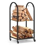 Firewood Rack Outdoor Indoor Firewood Holder 2 Tier Fireplace Log Holder with Wheels Small Wood Rack Firewood Stand with 4 Hooks for Inside Fireplace, Outdoor Patio, Stove, Hearth, Fire Pit, Black