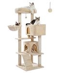 PEQULTI Cat Tree for Large Cats with Large Top Perch, [56.3''=143cm] Multi-Level Tower for Cats with Sleeping Bag, Cat Shelves with Scratching Posts and 2 Condos Houses, Beige,Sleeping Tree