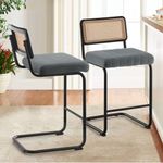 Bekrvio Counter Height Bar Stools Set of 2, 26" Rattan Counter Stool Velvet Upholstered Barstool with Cane Back & Metal Frame, Mid Century Modern Bar Chair Armless for Counter Island (Grey)