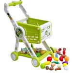 Kids Shopping Cart Toy with Play Food Accessories, Green, Pretend Play Grocery Set with Fruits, Vegetables and Packaged Items
