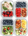 FIT Strong & Healthy 2 & 3 Compartment Glass Meal Prep Containers (4 Pack, 32 oz) - Glass Food Storage Containers with Lids, Lunch Containers For Adults, Portion Control, Airtight, Oven & Freezer safe