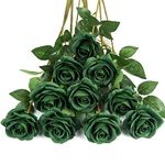 DuHouse 10Pcs Artificial Roses Fake Silk Flowers Realistic Bridal Bouquets with Single Long Plastic Stems for Arrangement Wedding Table Centerpiece Party Home Decor(Dark Green)