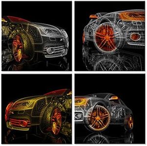 Hello Artwork - Abstract Canvas Wall Art Colorful Cars 3D Model Design On Black Background Picture Painting for Home Decoration Stretched Canvas and Ready to Hang 12''x12''x4pcs