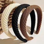 Set of 3 Knitted Padded Headbands for Women Girls 1.2 inch Wide Solid Hairbands Non-Slip Hair Hoops for hair Black Brown Ivory