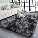 PAGISOFE Abstract Shaggy Area Rug 4' x 6' Plush Furry Rugs for Living Room, Tie-Dyed Dark Grey Soft Fluffy Rugs for Bedroom Grils Boys, Fuzzy Rugs for Nursery, Dorm. Shag Carpet for Kids Room Decor