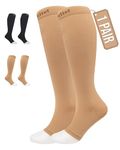 360 Relief 1 Pair Compression Socks for Women & Men - Open Toe Graduated Compression Stockings, Flight Socks, Running, Nurses, Maternity, Pregnancy, L/XL, Beige