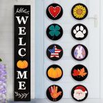 Perfnique Welcome Sign for Front Door, 47 x 7.9 Wooden Sign with 10 Interchangeable Icons for Porch Standing, Farmhouse Seasonal Decor (Black)