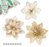 Agoer 24 Glitter Christmas Flowers Ornaments, Artificial Poinsettia Flowers Xmas Tree Ornaments with 28 Clips for Christmas Party New Year Outdoor Wreath Decorations(Gold)