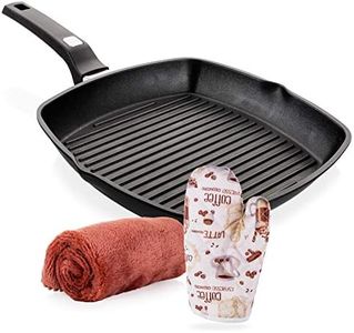 Griddle Aluminum Nonstick Stove Top Square Grill Pan,Chef Quality Perfect for Meats Steaks Fish and Vegetables,Dishwasher Safe,11 inch, Black by Moss & Stone (Comes with a Special Cloth and Gloves)