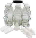 The Dairy Shoppe Heavy Glass Milk Bottles - Extra Lids, Silicone Pour Spouts, Silicone Funnel - Clear Milk Containers - Reusable - Wire Carrier - Made in USA (Liter 6 Cell Carrier Combo)