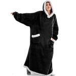 Hoodie Blanket, Long Wearable Blanket with Pockets Fluffy Flannel Sherpa TV Blanket Sweatshirt Winter Robe One Size Fits Men Women Adult(Black)