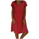 AMhomely Women Dress Fashion Loose V-Neck Summer Solid Short Sleeve Cotton and Linen Dress Party Elegant UK Size, M Wine, 4XL